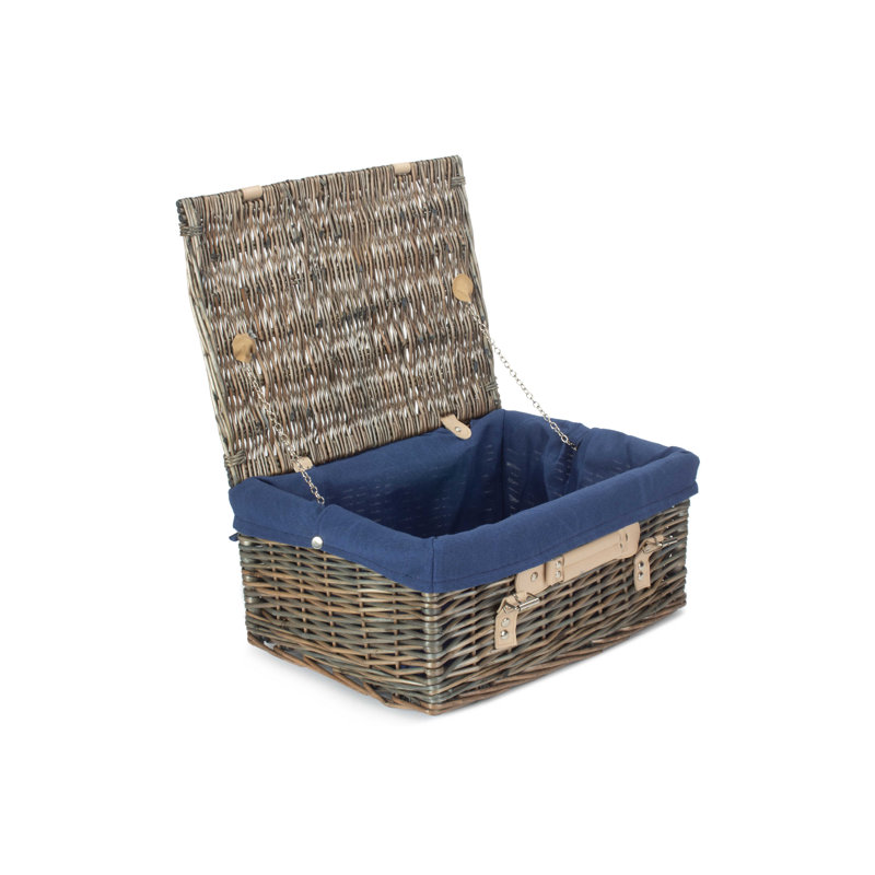 Wicker Hamper Basket with Lining, 19cm H x 41cm W x 30cm, Antique Wash/Navy Blue
