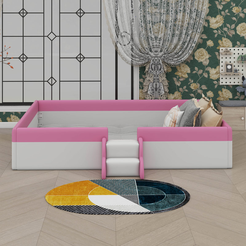 Upholstered Daybed Frame With Fence And Stairs, Queen, Pink/White