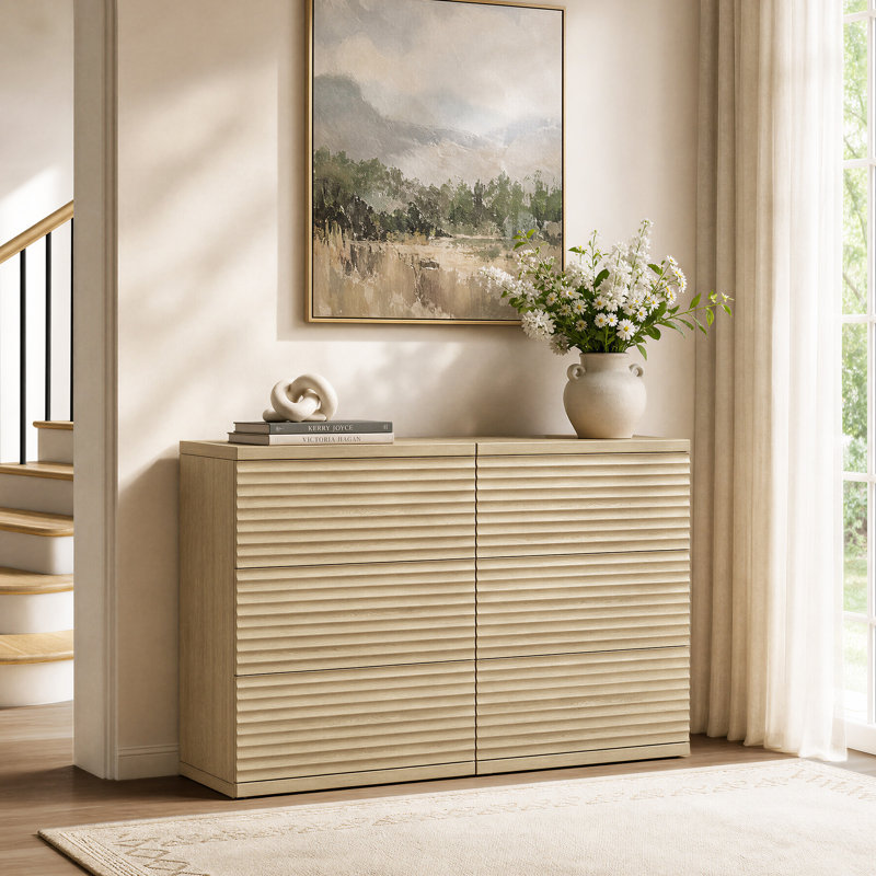 Modern Fluted 3-Drawer Cabinet With Pop - Up Design, Coastal Oak