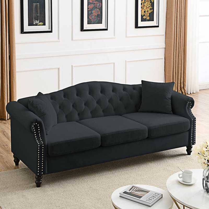 Tufted Couch With Rolled Arms, Chesterfield Sofa, Seater Sofa, Black, 3