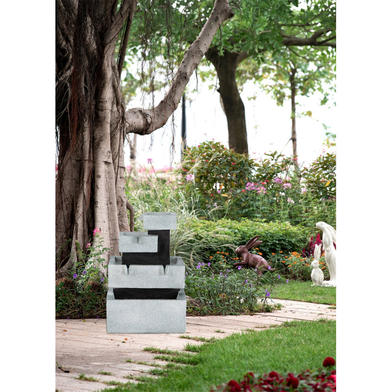 Decorative 4-Tier Block Fountain - 13.6" x 15.7" x 22.4" - Grey/Black