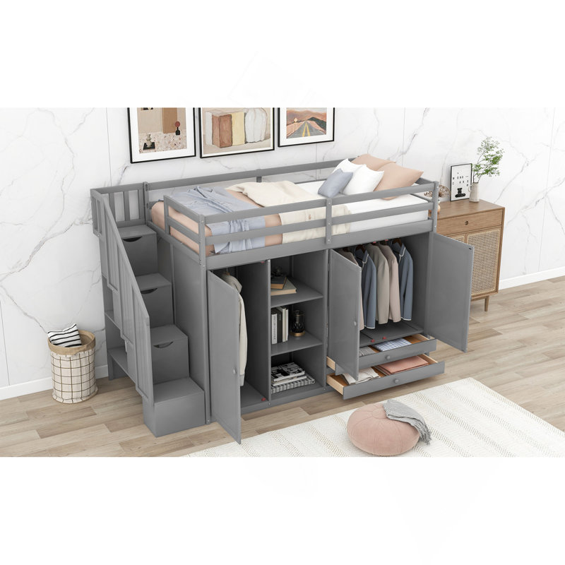 Lit mezzanine fonctionnel avec 3 tablettes, 2 armoires et 2 tiroirs, échelle avec rangement, aucun sommier nécessaire, gris