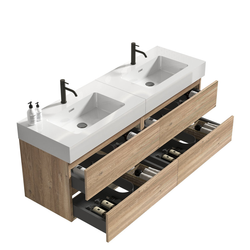 Meuble-lavabo de 60 po (30 po * 2) avec lavabo en quartz blanc et tiroirs en chêne brut Grace, meuble-lavabo mural flottant, lavabo une pièce sans drain ni robinet, KD