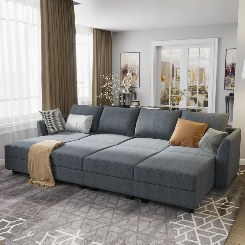 U shaped Sleeper Sectional Modular Sectional Sofa with Chaise, Bluish Gray Polyester