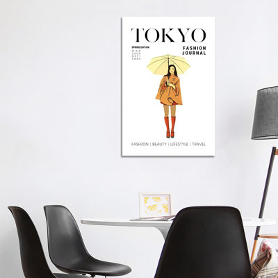 Tokyo Japanese Fashion Magazine Cover With Girl Holding Umbrella by Design Harvest - Wrapped Canvas Print