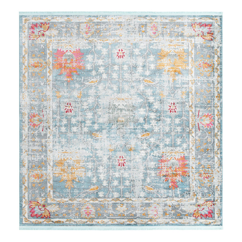 Tapis bleu à motif floral Haefner, Carré 8 pi 2 po