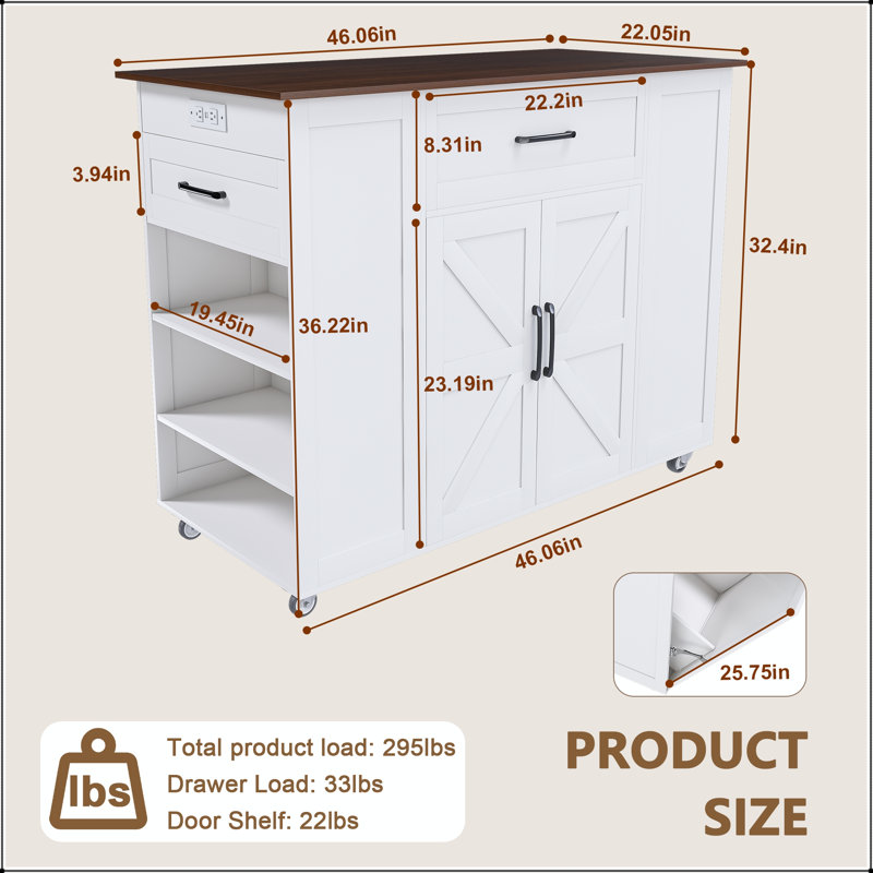 46" Kitchen Island on Wheels with Storage & Power Outlet – White