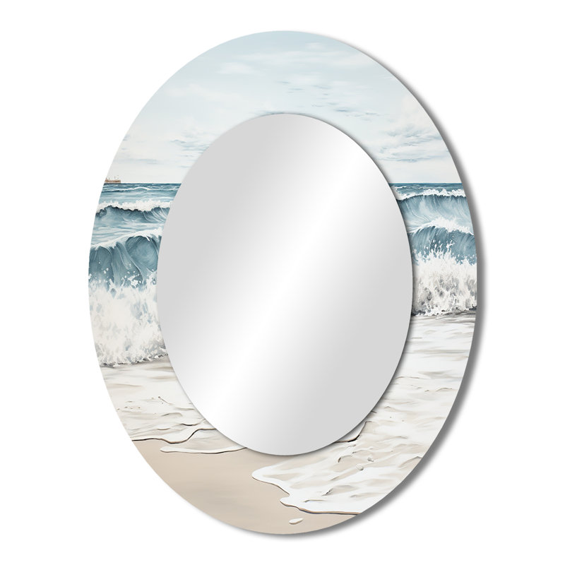 Plage minimalisme paysage III - grand miroir mural ovale sur métal, 43 po x 33 po