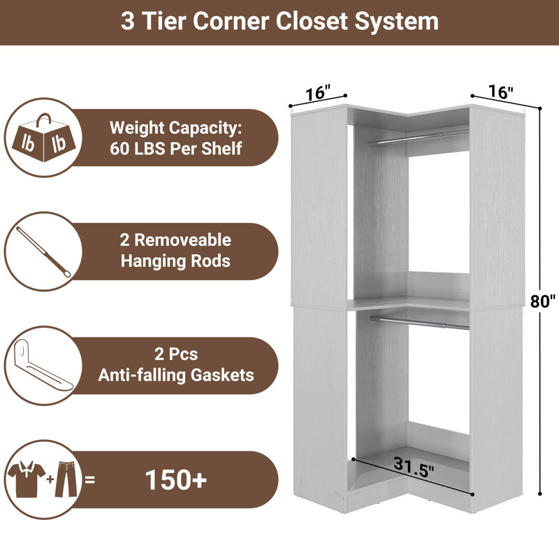 32'' W Corner Closet System with Hanging Rod, Gray