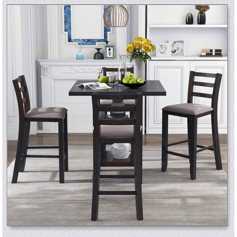 Ensemble de salle à manger 5 pièces à hauteur de comptoir en bois avec chaises rembourrées et étagères de rangement, Espresso