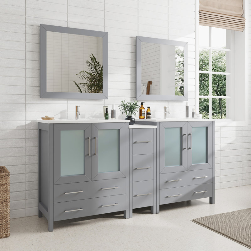 Brescia 72" Double Sink Freestanding Bathroom Vanity with Ceramic Top and Matching Mirrors, Gray