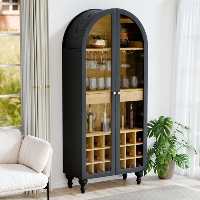 Arched Modern Wine Cabinet With Glass Doors, Drawer, And Wine Rack, 3-Tier Freestanding Liquor Storage With Gold Handles, For Dining Room Or Living Room