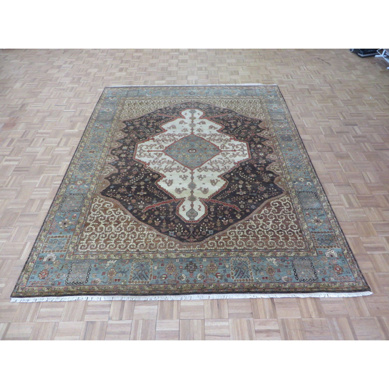 Tapis de surface en laine brun/noir/bleu 7 pi 10 po x 9 pi 9 po one-of-kind à la main noué la Hutcherson
