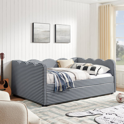 Lit de jour double en vichy double avec couchette simple sans sommier, avec port USB et adorable tissu en forme de vague