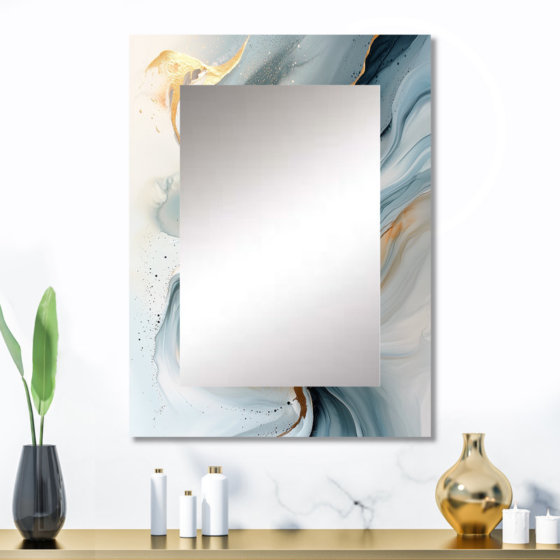 Vardin Abstract Golden Glacial Echo Of Liquid Reflections II - Shapes Wall Mirror, Modern Decorative Mirror, Printed Metal Art
