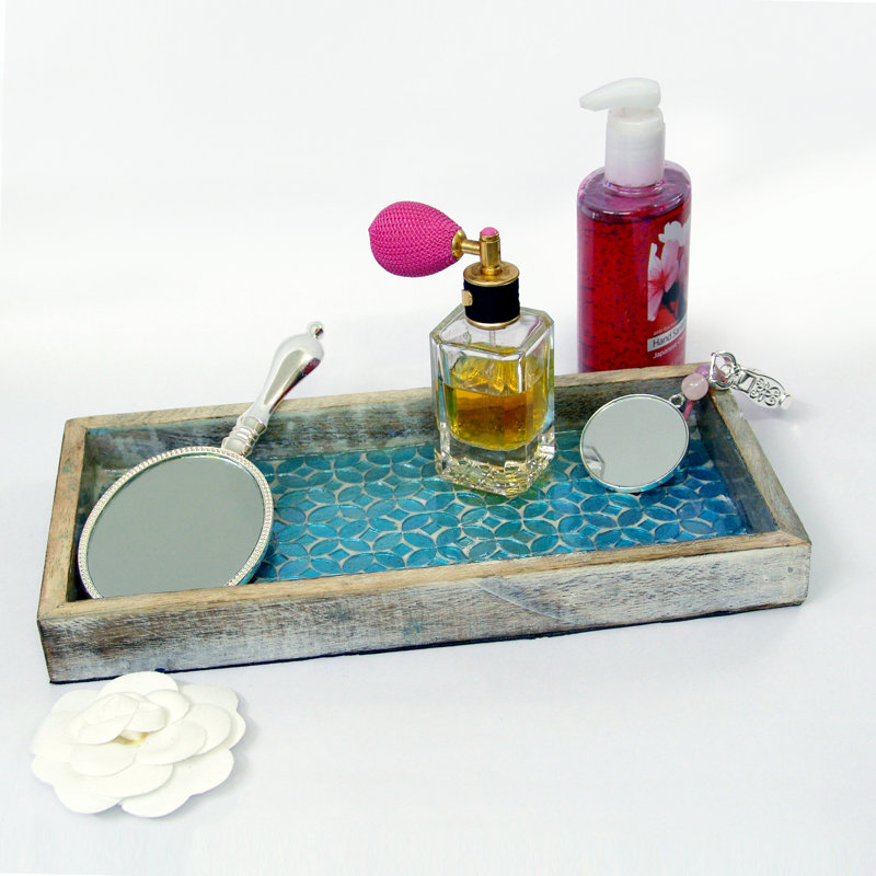 Solid Wood Tray, Aqua/Brown
