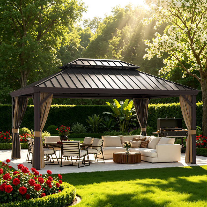 Abri de jardin à toit rigide 12 pi x 16 pi avec structure en aluminium et double toit en acier galvanisé