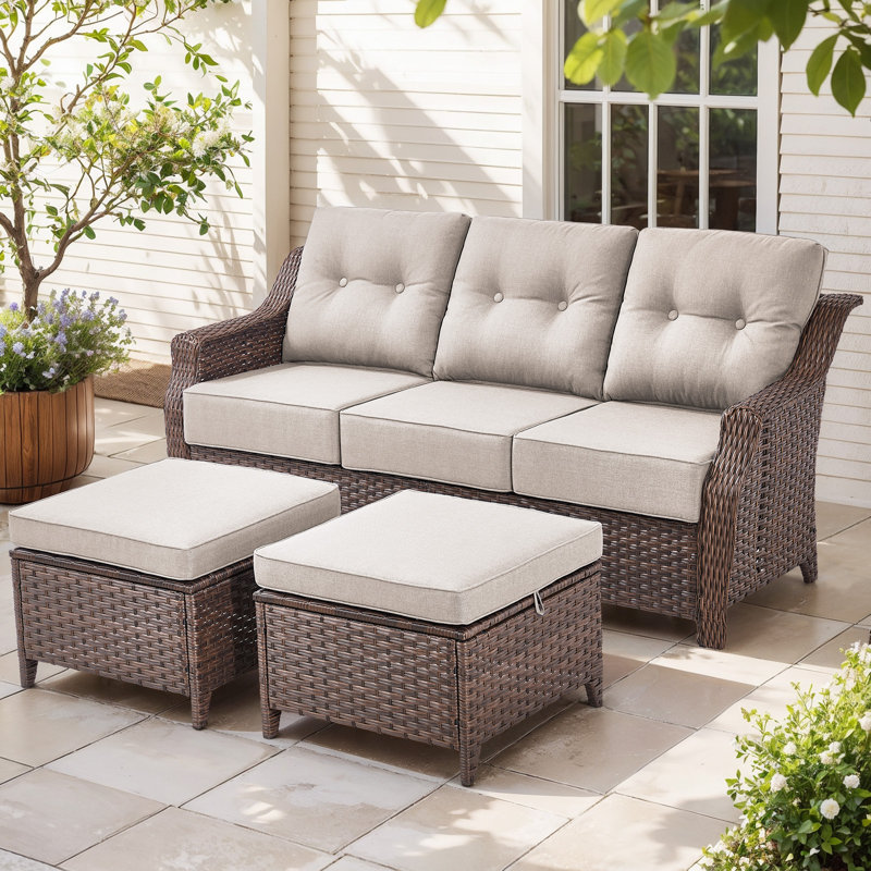 Sami 3-Piece Wicker Patio Furniture Ottoman & Sofa Set, 6-Inch Thick Cushioned, Beige