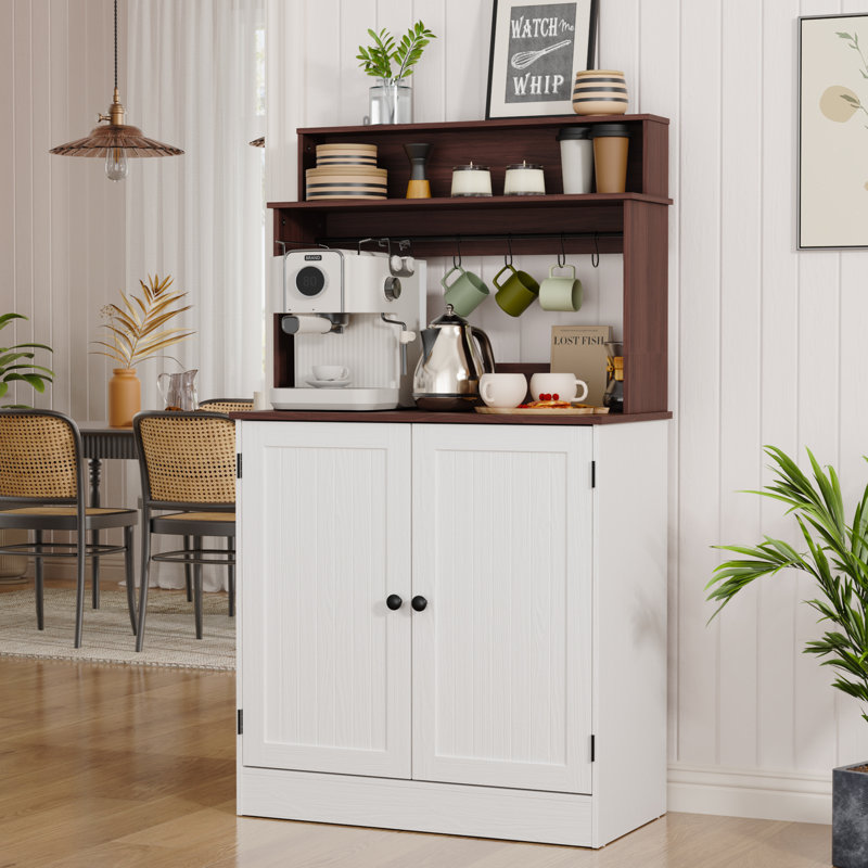 Farmhouse Bar Cabinet With Storage, Coffee Station Cabinet With 5 Hooks, Small Coffee Bar For Kitchen & Living Room, Antique White