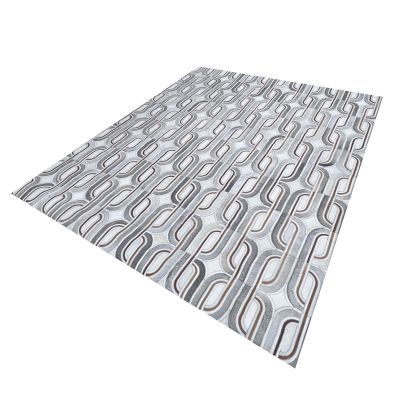 Tapis patchwork en cuir de vache 3 x 4 mètres, gris, brun, beige, à motifs géométriques, fait main., Rectangle 120" x 156"