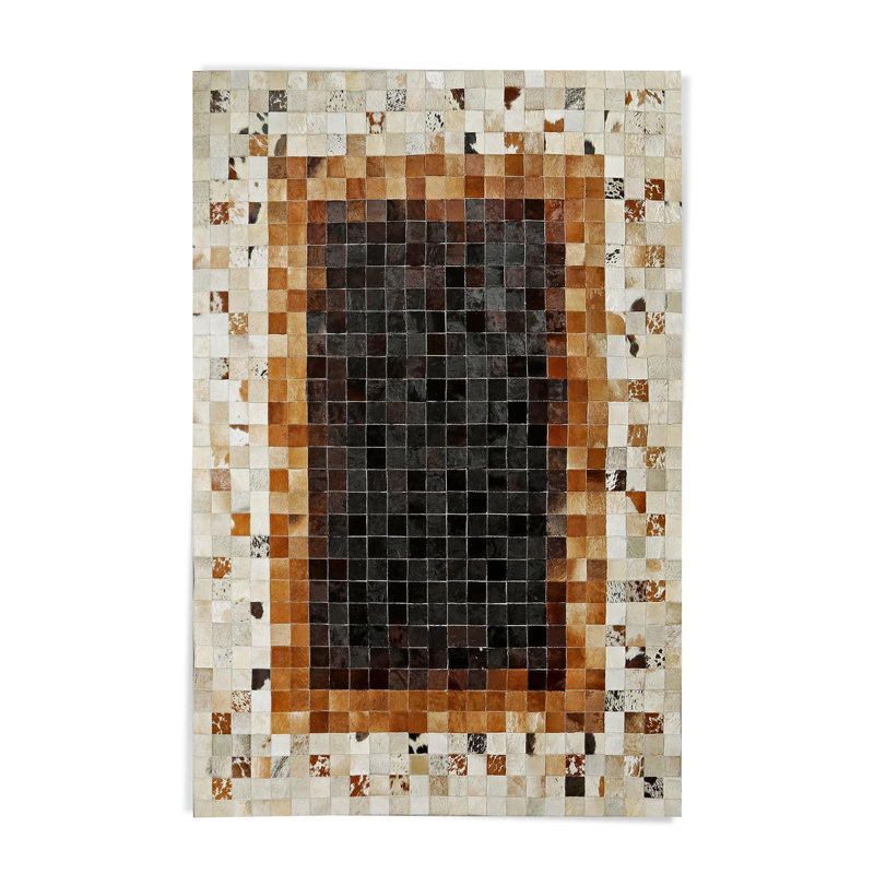 Brown Checkered Patchwork Cowhide Rug With Cream Border, Rectangle 9'6" x 13'6"