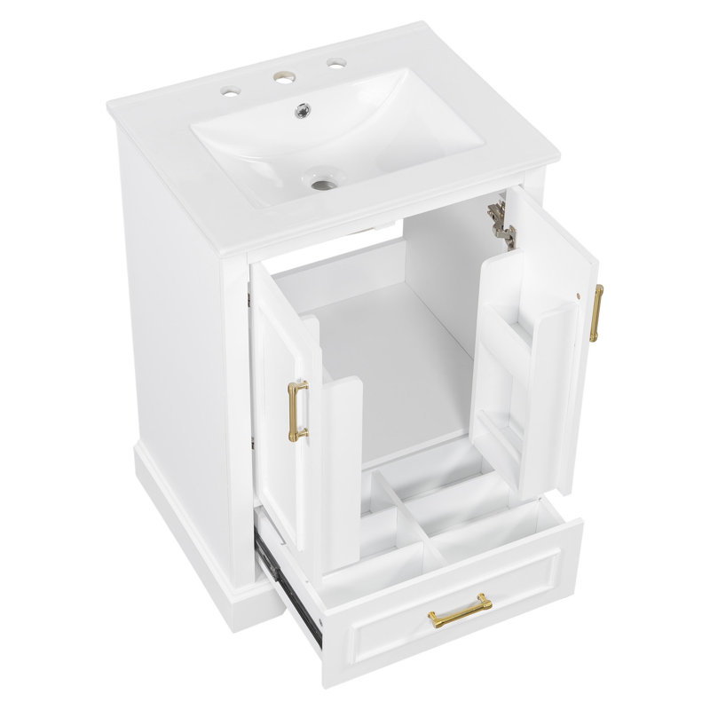 Meuble-lavabo 24 po avec lavabo, armoire en panneau de fibres à densité moyenne avec cadre en bois massif, 1 tiroir divisé et 2 portes à fermeture douce avec double tablette sur la porte, meuble-lavabo autoportant