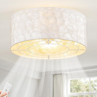 Boho Coastal Ceiling Fan with Light and Remote, Capiz Shell Fandelier Flush Mount White Caged Ceiling Fans with Lights, Low Profile 6 Speeds for Bedroom, Dining Room, Nursery, Foyer