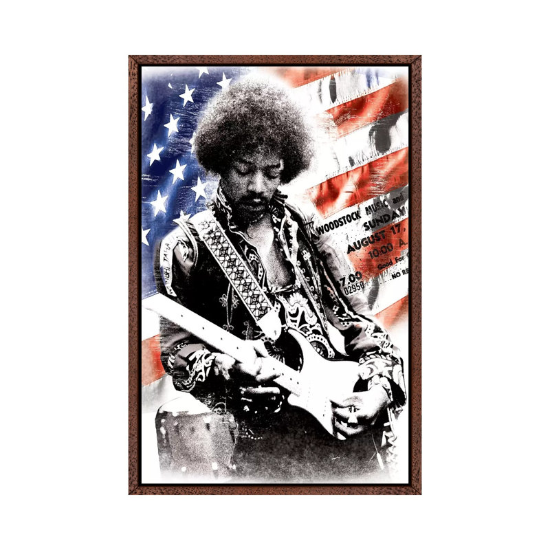 Jimi Hendrix (American Flag Background) - Photograph Print on Canvas, Brown Framed, 152.5 cm H x 101.5 cm W