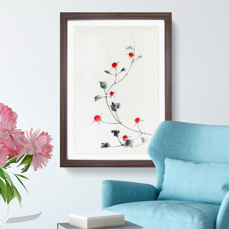 Small Red Blossoms on a Vine by Katsushika Hokusai - Picture Frame Painting Print, 87cm H x 62cm W x 2cm D, Walnut Framed