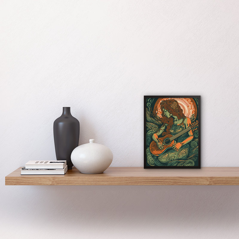 Batha Melancholic Woman With Guitar Linocut - Single Picture Frame Print