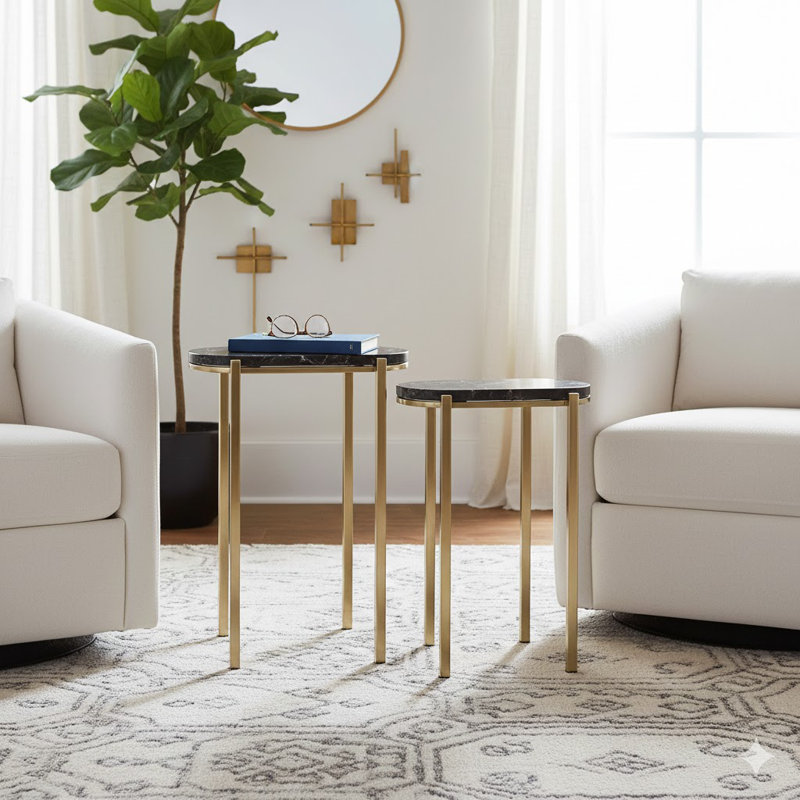 Decorative Side And End Nesting Tables With Quartz Top - Eye Catching Narrow Accent End Table For Living Room - Set Of 2, 24", Black