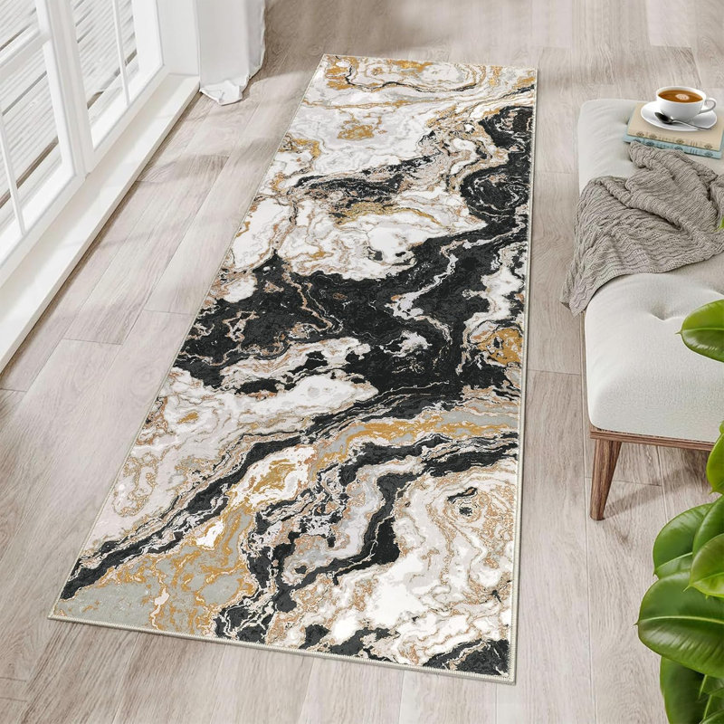 Rug Abstract Living Room Rug Washable, Modern Marble Bedroom Rug Soft Luxury Area Rug Non Slip Floor Carpet for High Traffic Areas in Kitchen Entryway Office
