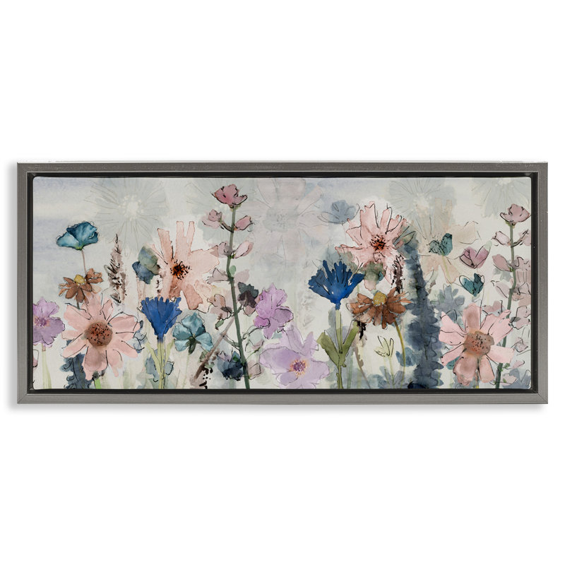 Jolies fleurs sauvages superposées, H 11 po x l 25 po, Cadre flottant gris lustré