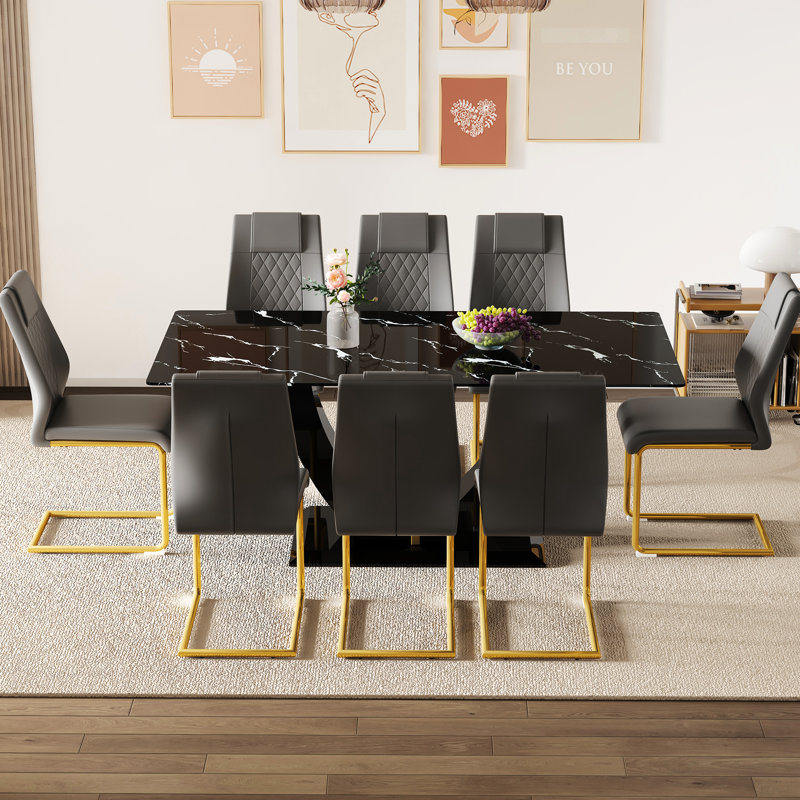Spacieuse salle à manger en verre trempé en marbre noir 71 po x 35,4 po avec 8 chaises en polyuréthane gris foncé et pieds en métal