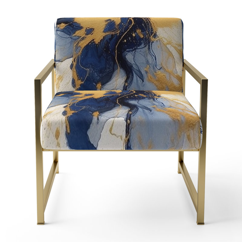 Fauteuil d'appoint rembourré abstrait bleu foncé et or Strokes I, Doré