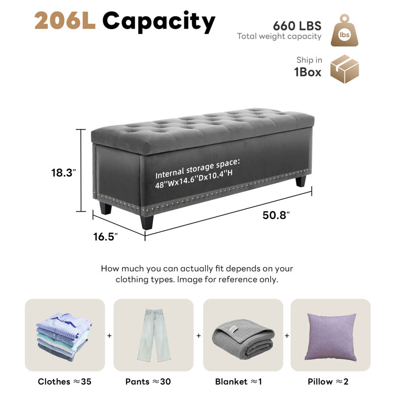 Espana 51'' Upholstered Tufted Storage Ottoman, Gray Velvet