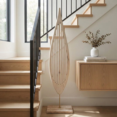 Modern Wood Leaf Floor Statue Sculpture With Travertine Base - Statement Decorative Object For Living Room Decoration - Tall Figurine-Like Accent For Home Decor - 56", White