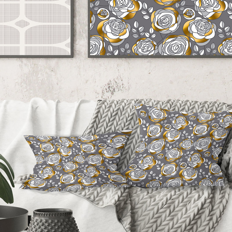 Coussin Golden Golden Flowers - Mid-Century Modern, 16 po x 1 po