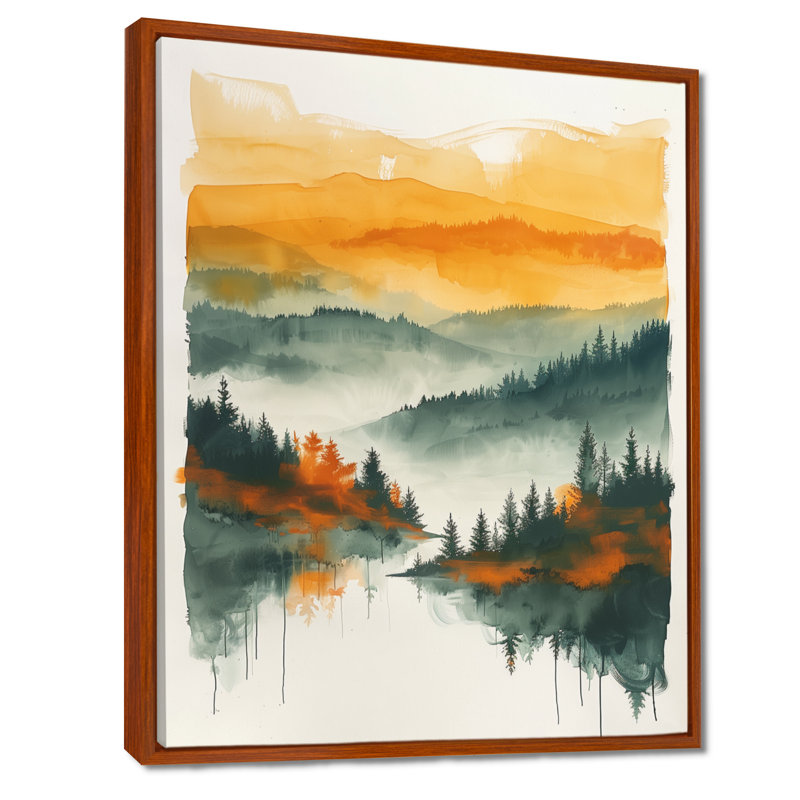 Orange vert forêt sauvage au coucher du soleil II - forêt, art mural salon, Cadre flottant brun, bois massif