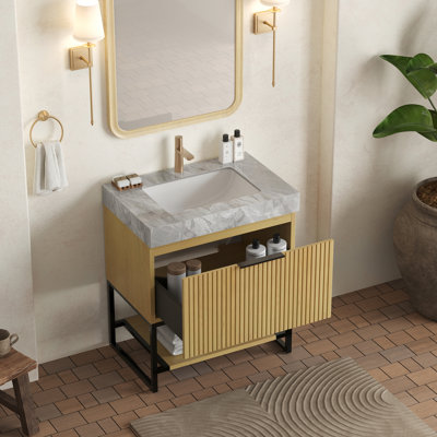 Meuble-lavabo de 30 po avec comptoir en pierre frittée, vasque en céramique, armoire en contreplaqué, couleur chêne, tiroir et tablette ouverte - meuble-lavabo autoportant gris, comptoir gris, lavabo, pré-assemblé