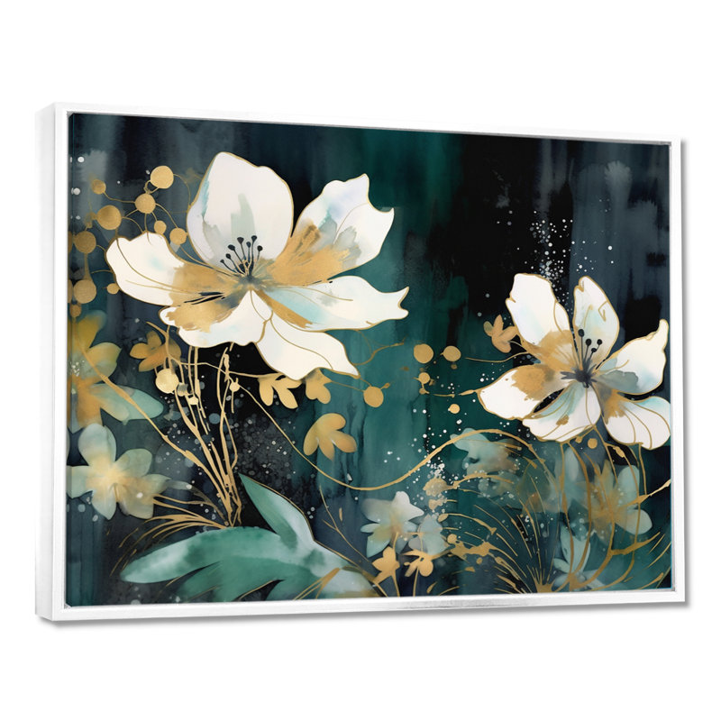 Plantes blanches bleu sarcelle dans le chaos IV - art mural floral, H 12 po x l 20 po x P 1 po, Cadre flottant blanc