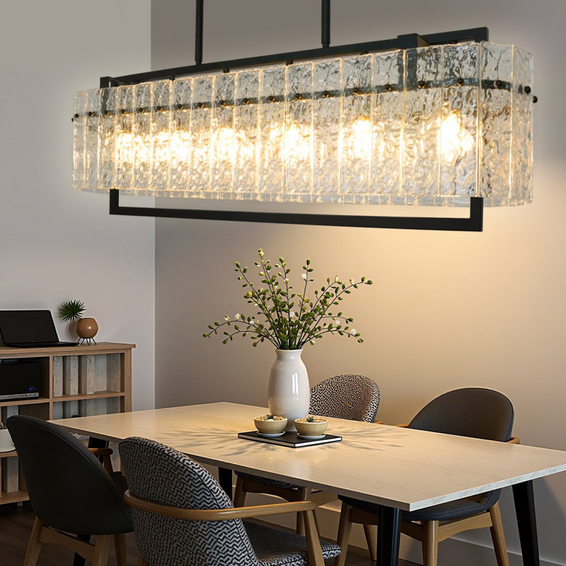 40'' 6-Light Black Linear Chandelier with Water Ripple Textured Glass Panels – Industrial Pendant Lighting for Kitchen Island & Dining RoomIsland Living Room Rectangular Lighting