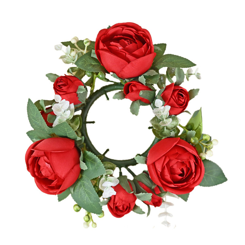 4Pcs Mini Rose Candle Rings Wreath, Red