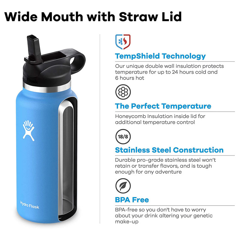 Hydro Flask Stainless Steel Wide Mouth Water Bottle with Flex Straw Lid and  Double-Wall Vacuum Insulation