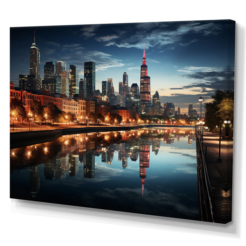 «Chicago Cityscape By Night I», reproduction sur toile, H 16 po x l 32 po x P 1 po, Toile tendue
