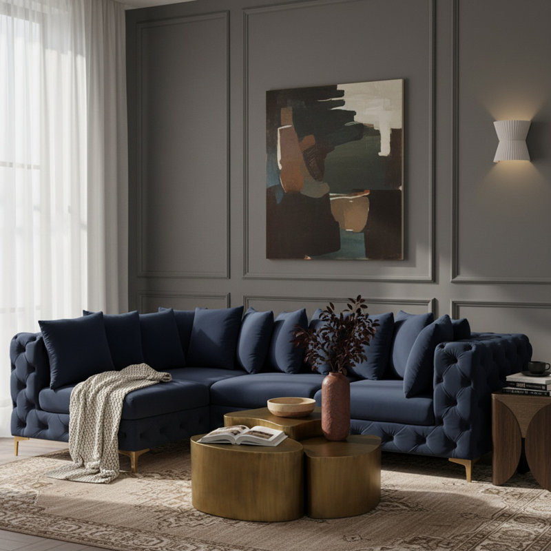Canapé modulaire réversible en velours 108 po, Velours bleu marine