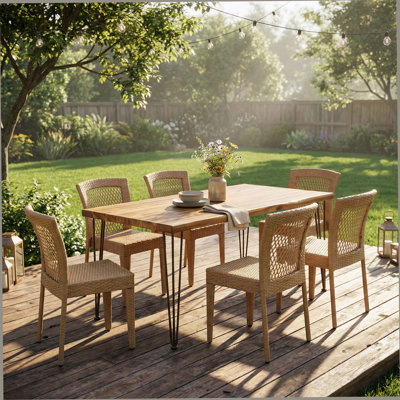 Ensemble de salle à manger d'extérieur 7 pièces pour 6 personnes, table rectangulaire avec plateau et chaises en bois d'acacia, grand ensemble de mobilier moderne de 72 po pour patio, terrasse, cour arrière, porche, teck et brun clair