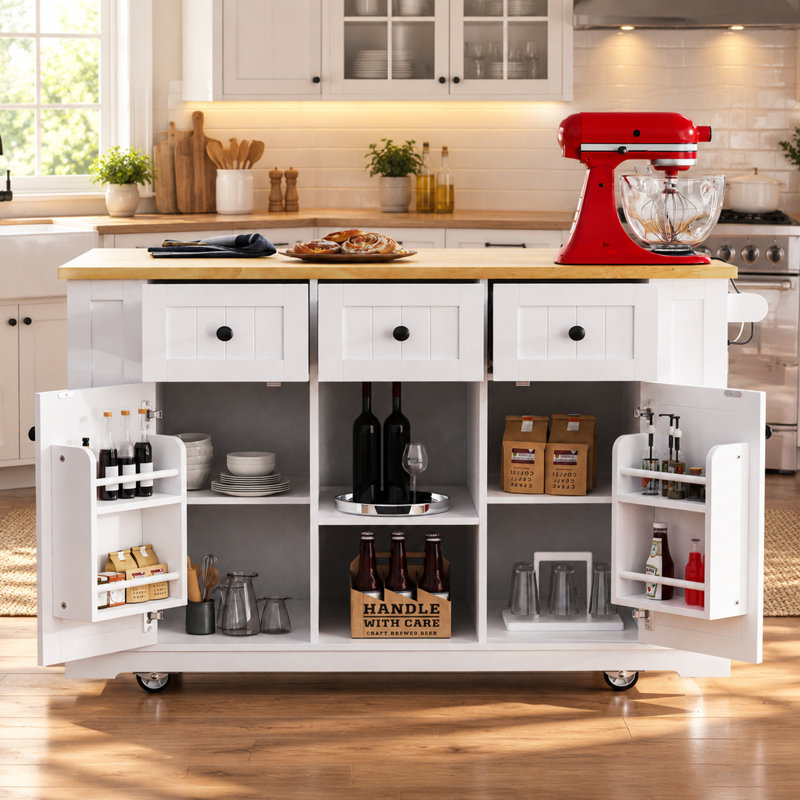 Îlot de cuisine de 135 cm avec plateau rabattable, prise électrique et rangement, Blanc