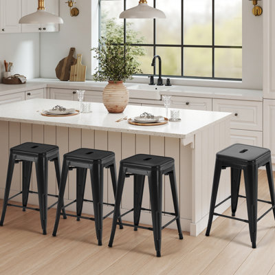 Stackable Backless Metal Bar Stools, Indoor/Outdoor Kitchen Counter Stools, Industrial Home Dining Chairs by 17 Stories