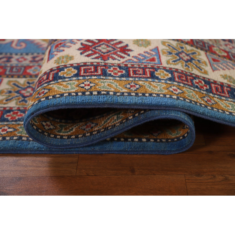 Tapis oriental bleu à motif géométrique Kazak 7 x 10